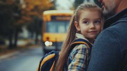 Little girl waiting for the bus with her father on the first day of school.