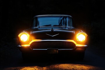 Obraz premium Classic black car with headlights shining brightly along a dark road at night