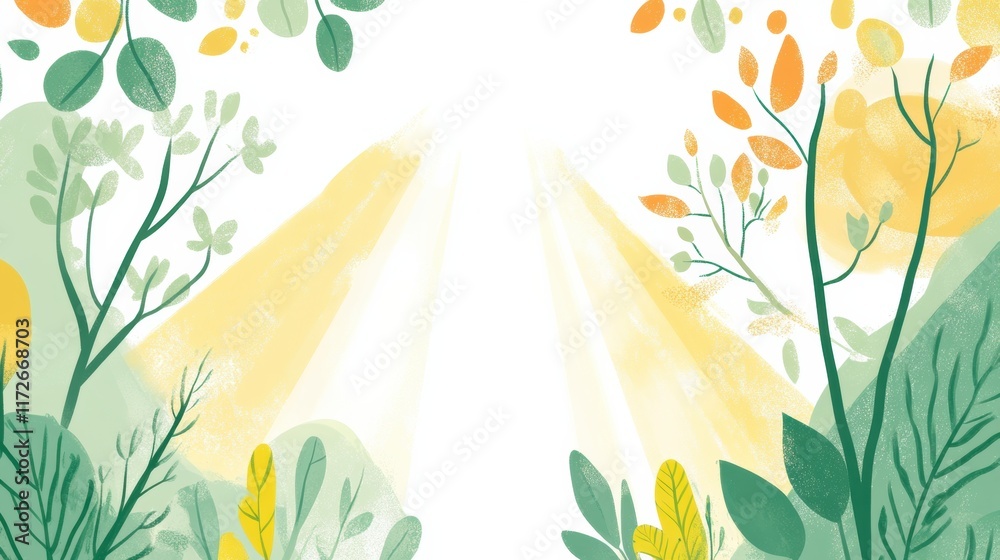 Poster bright and cheerful doodle depicting lush greenery and sunlight filtering through foliage in a vibra