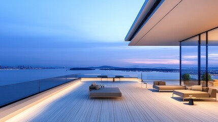 Obraz premium Modern terrace overlooking a serene waterfront at twilight.