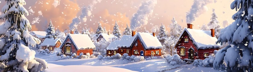 A picturesque winter scene featuring cozy cabins blanketed in snow, surrounded by frost-covered trees. The sky glows warmly, creating a serene and magical atmosphere.