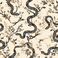 Obraz premium A decorative pattern featuring winding snakes among floral elements on a soft background, creating an elegant and nature-inspired design. seamless pattern