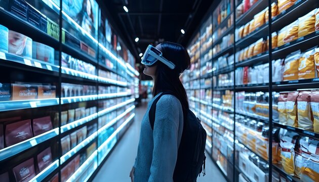A person wearing virtual reality goggles explores a modern grocery store, surrounded by illuminated shelves filled with various packaged goods, showcasing the future of shopping ex