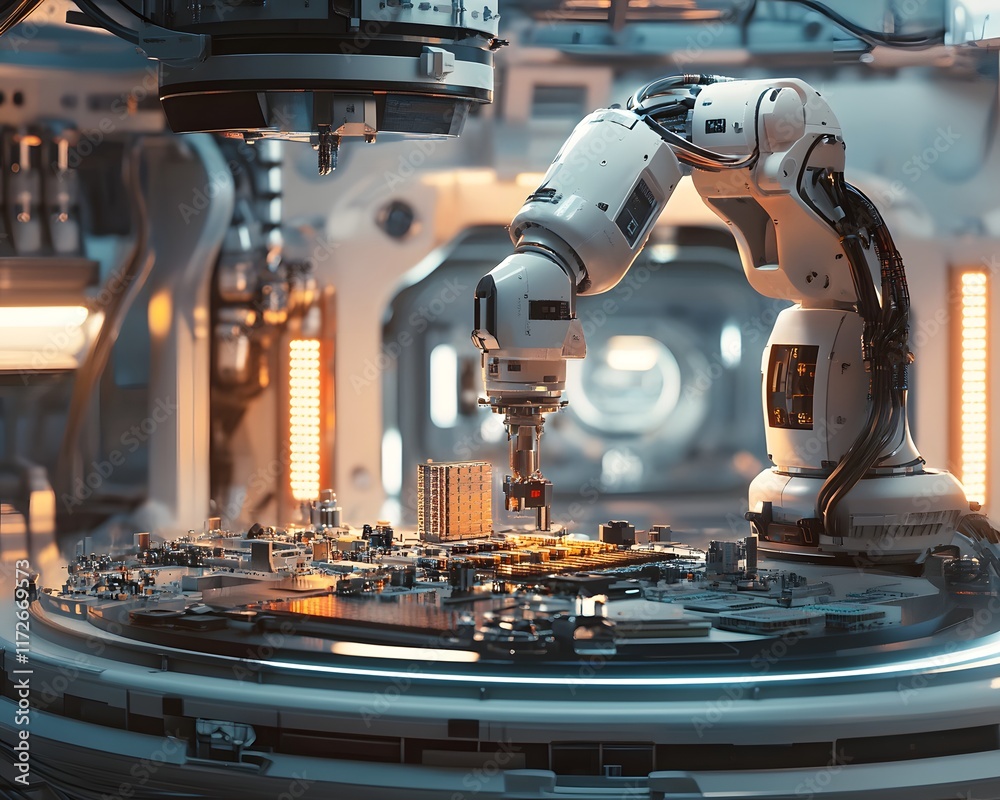 Poster a robotic arm meticulously assembling components in a futuristic factory setting, showcasing advance