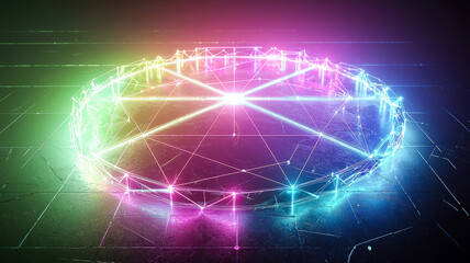 Obraz premium A multi-dimensional radar chart featuring vibrant neon gradients connecting the axes, surrounded by glowing data points, all set on a textured, reflective surface that enhances the visual impact.
