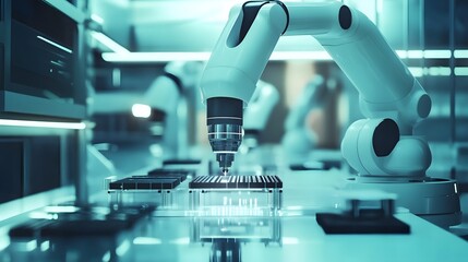 A robotic arm in a modern laboratory setting, showcasing advanced technology used in scientific research and experiments, emphasizing precision and innovation in automation.