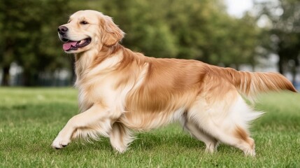 A golden retriever joyfully running in a grassy field.