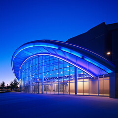 A state-of-the-art convention center featuring a distinctive dome-shaped design, illuminated with sleek LED lighting, and surrounded by a landscaped plaza.