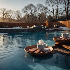 Obraz premium A luxurious spa retreat featuring hot chocolate served in porcelain cups by a warm outdoor pool in winter.