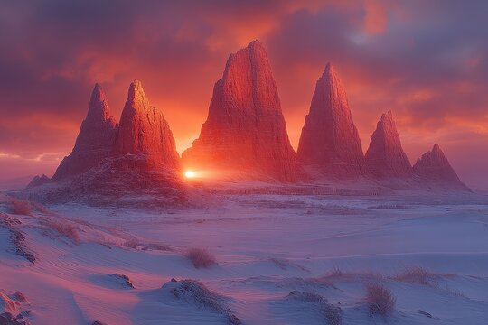 Stunning sunset over dramatic rock formations in a snow-covered landscape at twilight