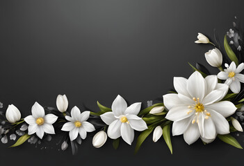 Obraz premium A beautiful floral border design featuring white flowers and green leaves on a dark background. The arrangement is symmetrical, creating a frame effect.