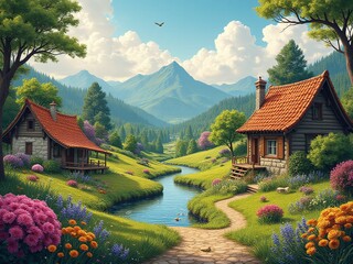 Fototapeta premium Serene Mountain Valley Landscape with Charming Cottages and Winding River