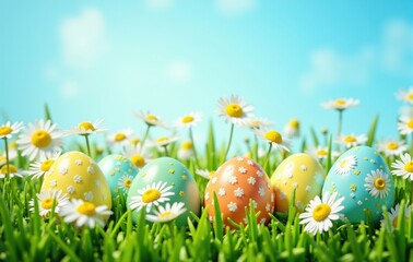Colorful easter eggs hiding in green grass with daisies and blue sky