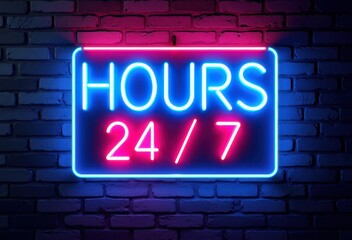 Fototapeta premium 24/7 service neon sign on brick wall for business or advertising design
