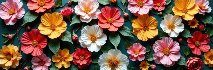 Vintage-style artificial flower wall, lush blooms , bright, vintage style