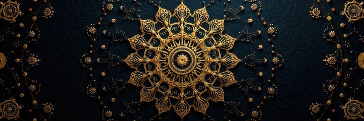 Delicate gold mandala, rich black background Sophisticated, symmetrical pattern , elegant, design