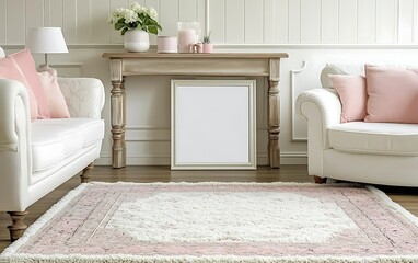 Elegant living room interior design, pastel colors, cozy atmosphere, mockup frame. Use Home decor inspiration.