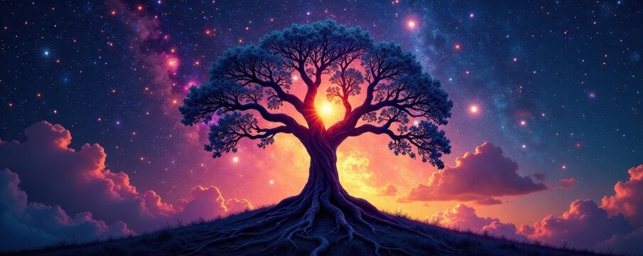 Cosmic backdrop, Kabbalah Tree of Life silhouette , outline, sefirot