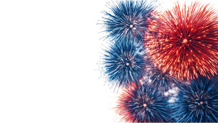 Fototapeta premium Minimalist firework display on a clean white background, emphasizing vibrant colors and intricate patterns in a spacious format.