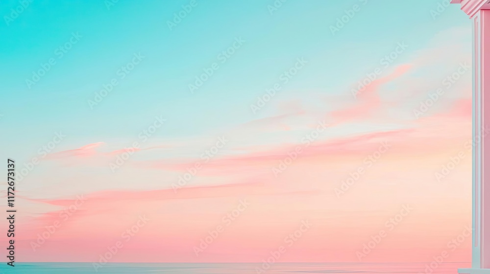 Poster minimal skies idea. a serene sky at dawn, blending cool blues with soft pinks, creating a peaceful a