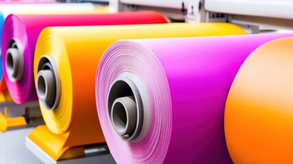 Rolls of vibrant colored paper in a printing or crafting setup.