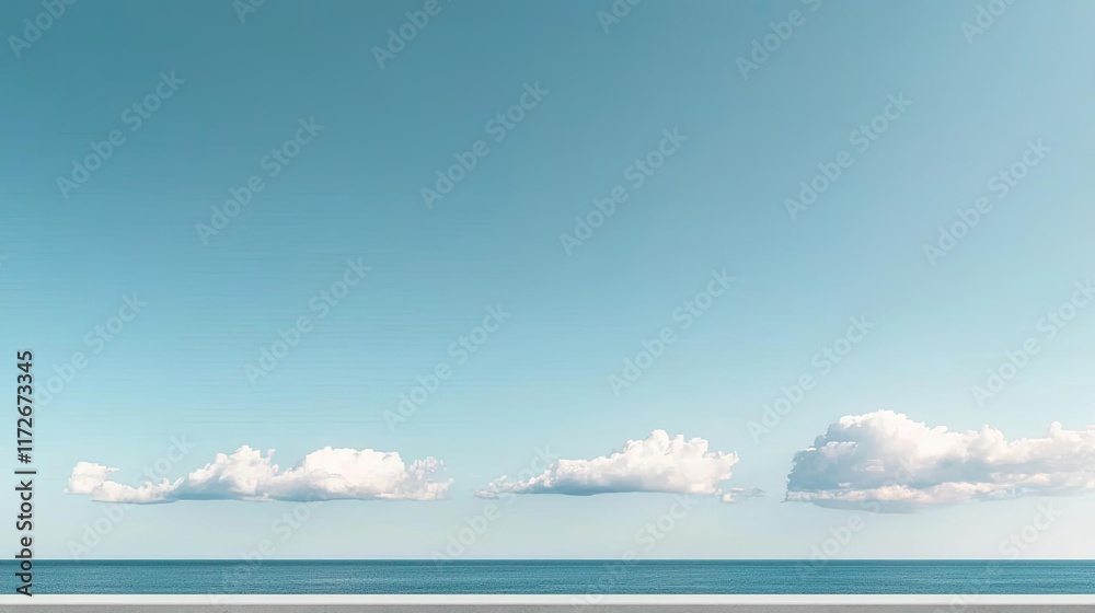 Poster minimal skies concept. a serene seascape with clear blue skies and gentle clouds floating over calm 