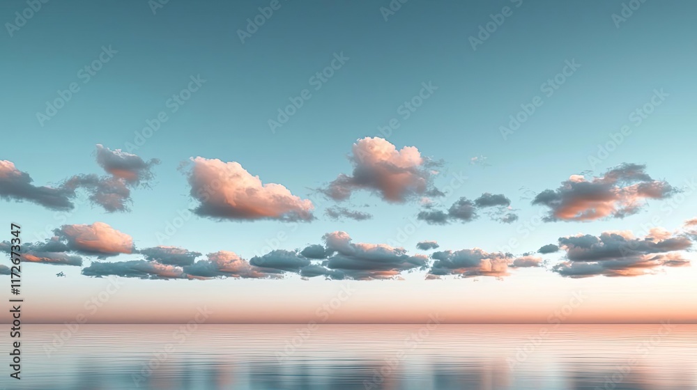 Poster minimal skies concept. serene sky with soft clouds reflecting on calm water at sunset.