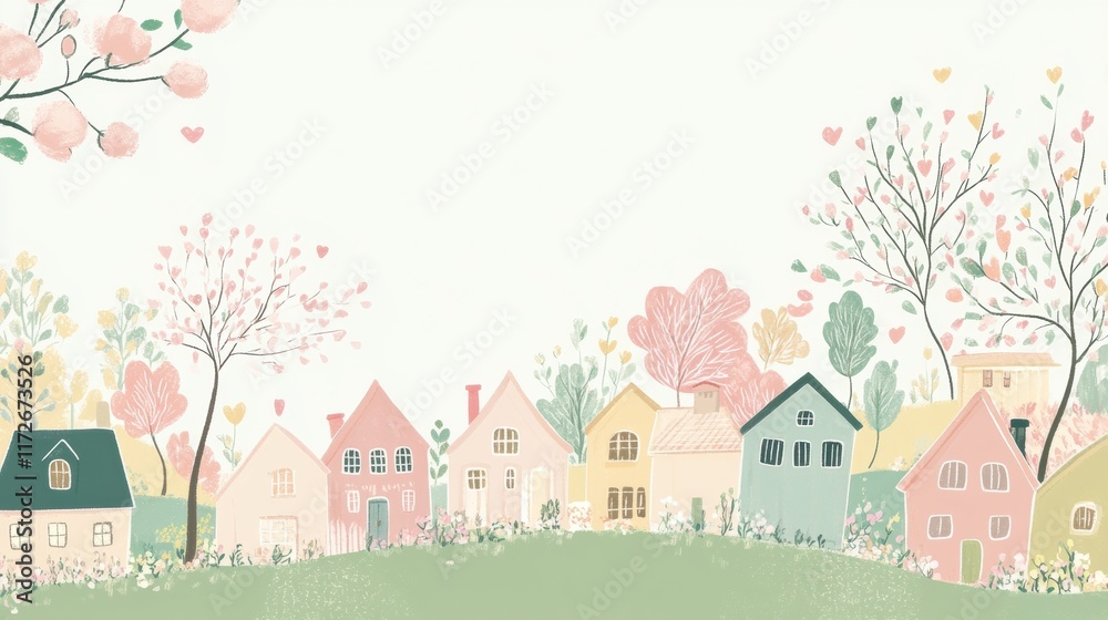 Poster playful doodle of colorful houses surrounded by trees and flowers in a cheerful landscape setting. g