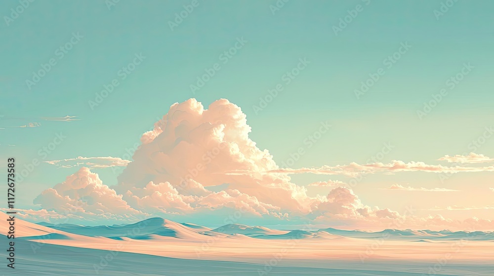 Poster minimal skies idea. serene landscape featuring soft clouds and gentle hills under a pastel sky.