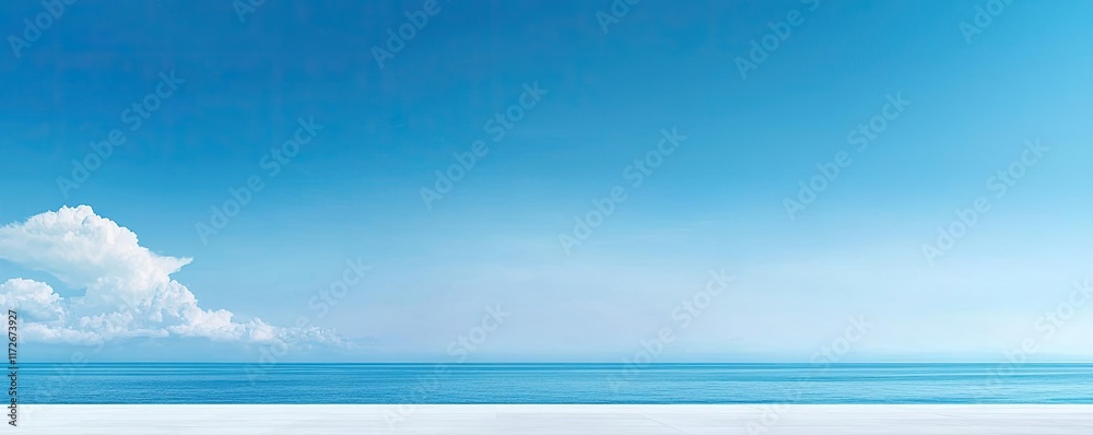 Poster minimal skies concept. serene coastal view with clear blue sky and calm ocean reflecting tranquility