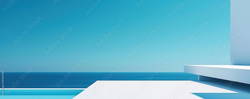 Poster minimal skies concept. a minimalist architectural view of a sleek white structure against a vivid bl