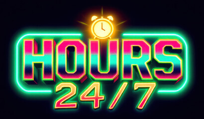 Vibrant neon sign displaying 24/7 service concept with alarm clock