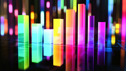 A multi-layered 3D bar chart with bright, glowing bars stacking dynamically on a reflective surface, showcasing a futuristic presentation of complex data and analytics.