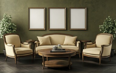Elegant living room interior, antique furniture, green wall, mockup frames, relaxing atmosphere, home decor.