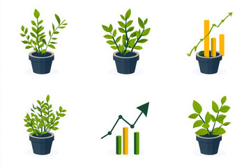 Obraz premium The image showcases six potted plants, illustrating growth and development with accompanying graphs and bar charts, symbolizing progress and success.