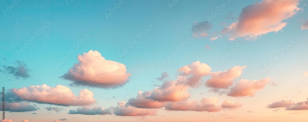 Poster Minimal skies concept. A serene sky at sunset with soft clouds and a blend of pastel colors creating tranquility.