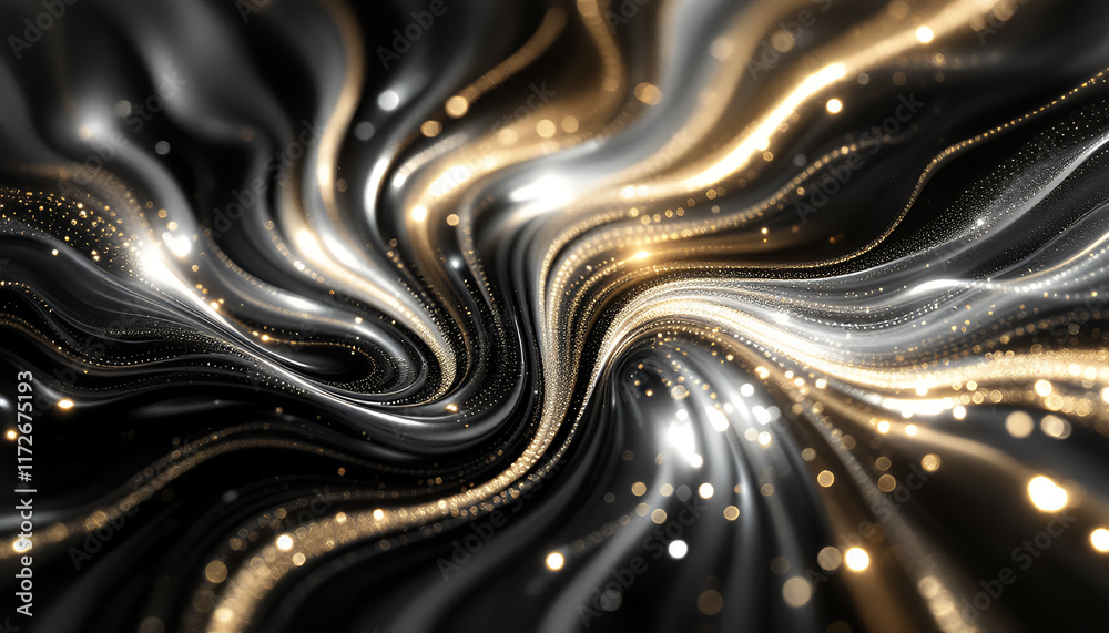 Poster dynamic flow of light and shadows in an abstract swirling pattern with golden highlights