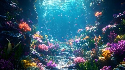 Naklejka premium Vibrant coral reef teeming with diverse marine life in the underwater world