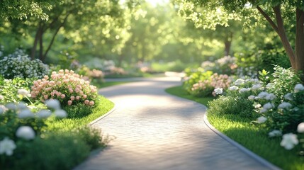 A serene garden pathway surrounded by blooming flowers and lush greenery.