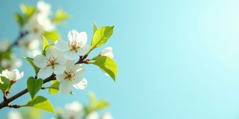 Obraz premium Springtime Blossoms Delicate White Flowers on a Branch Against a Soft Blue Sky