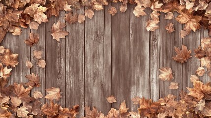 Autumn leaves frame rustic wooden background