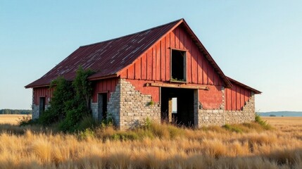Rustic red barn with stone foundation, weathered by time, stands solitary in a golden field