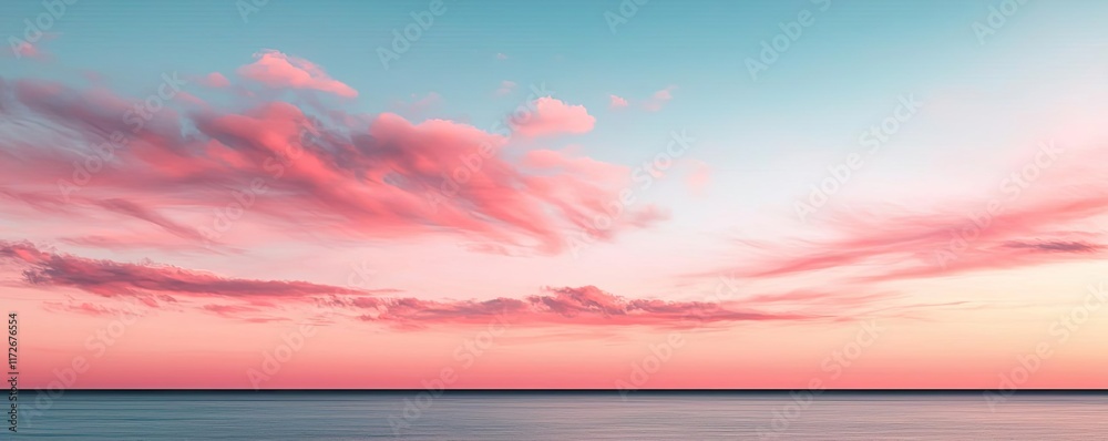 Poster minimal skies idea. a serene view of a pastel sky reflecting on calm waters at sunset during twiligh
