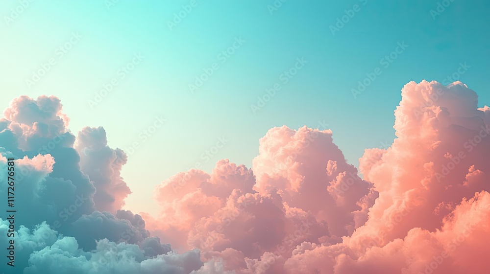 Poster Minimal skies idea. A breathtaking view of colorful clouds illuminated by soft sunlight, creating serenity.