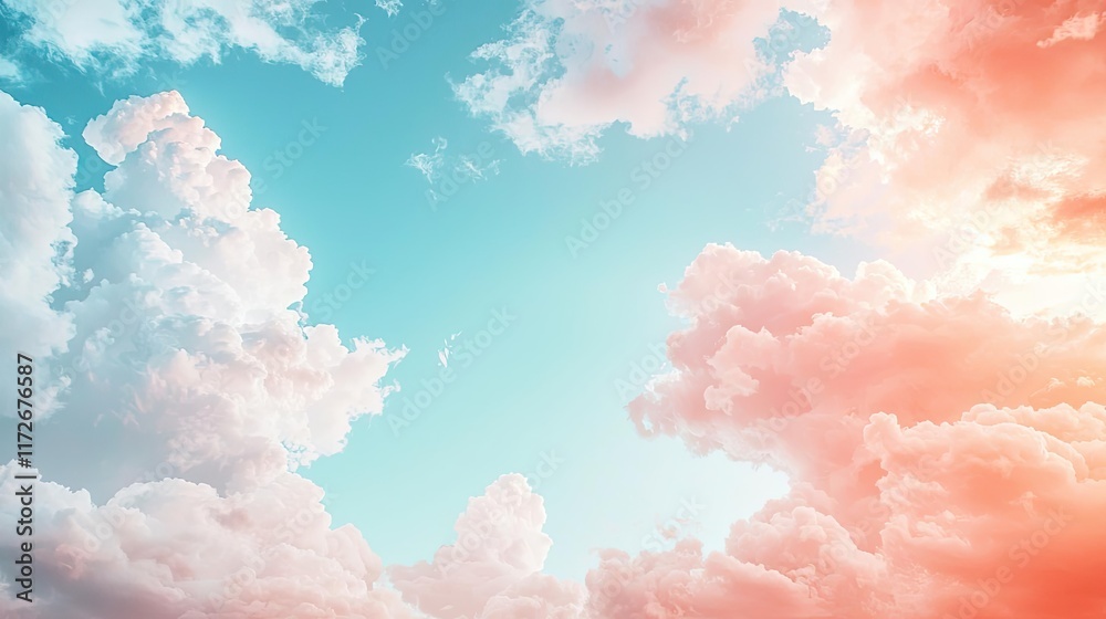 Poster minimal skies idea. a stunning view of colorful clouds against a bright blue sky, ideal for calming 