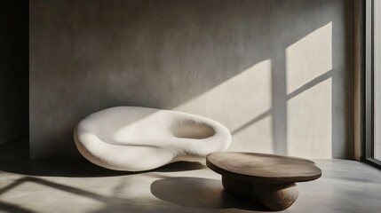 Modern organic sofa and coffee table in minimalist room.
