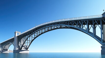 Fototapeta premium A large metal bridge spanning over calm water under a clear sky.