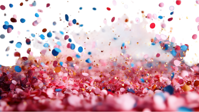 Colorful confetti scattered on a clean white surface, vibrant celebration elements creating a festive atmosphere, joyful and lively display