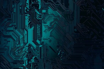Abstract close-up of a glowing blue digital circuit board, showcasing intricate connections and technological design on a black background.

