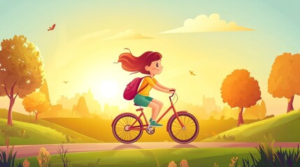 Obraz premium Playtime, a beautiful cheerful young girl and using school bag cycling on the road with beautiful park background with beautiful morning sky at sunrise. cartoon vector illustration.